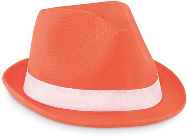 Obrázky: Oranžový polyesterový klobúk s bielou stuhou