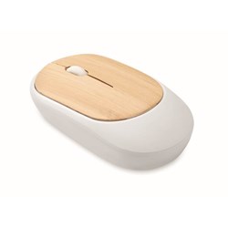 Obrázky: Biela bezdrôtová myš z ABS s bambus. povrchom